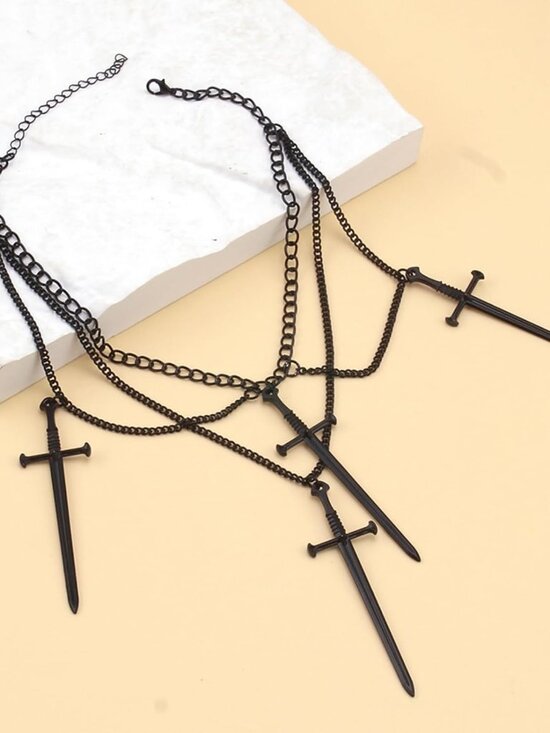 Gothic Layered Dagger Sword Necklace for Women,Punk Style Hollowed Out Dagger Ne - Picture 3 of 4